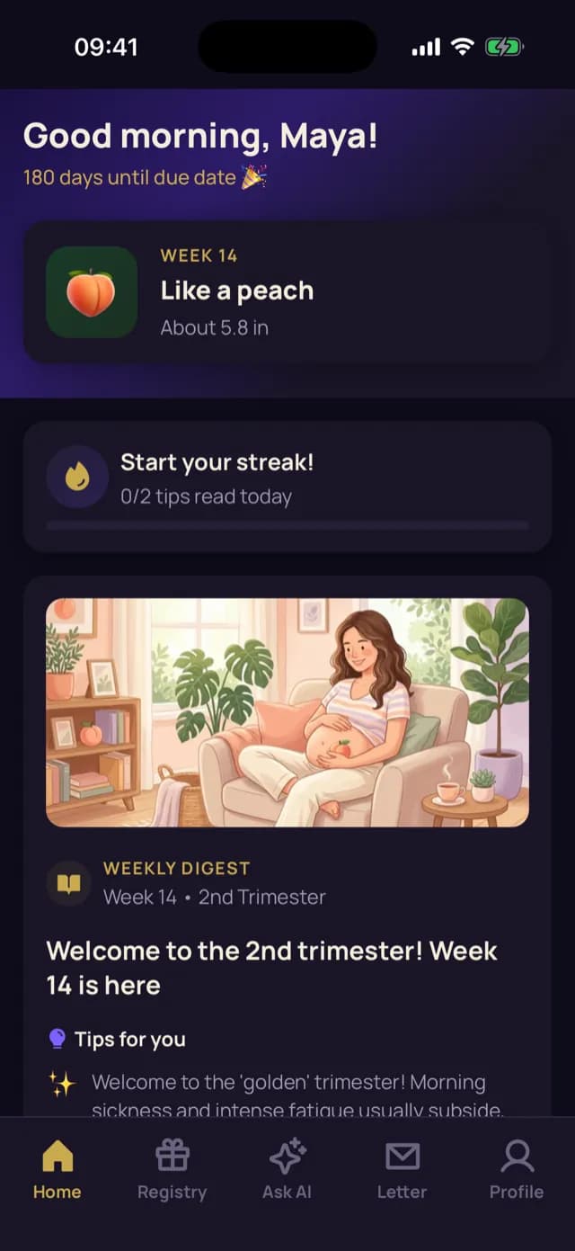 BabyPath home for week 14 of pregnancy, with today's stage, weekly digest, and a tip teaser. The app preview is in English.